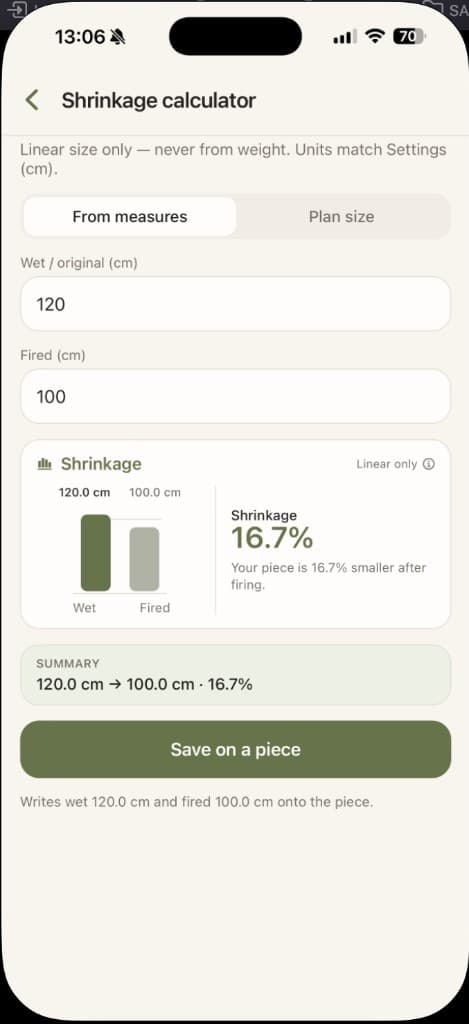Claymate shrinkage calculator comparing wet 120 cm to fired 100 cm